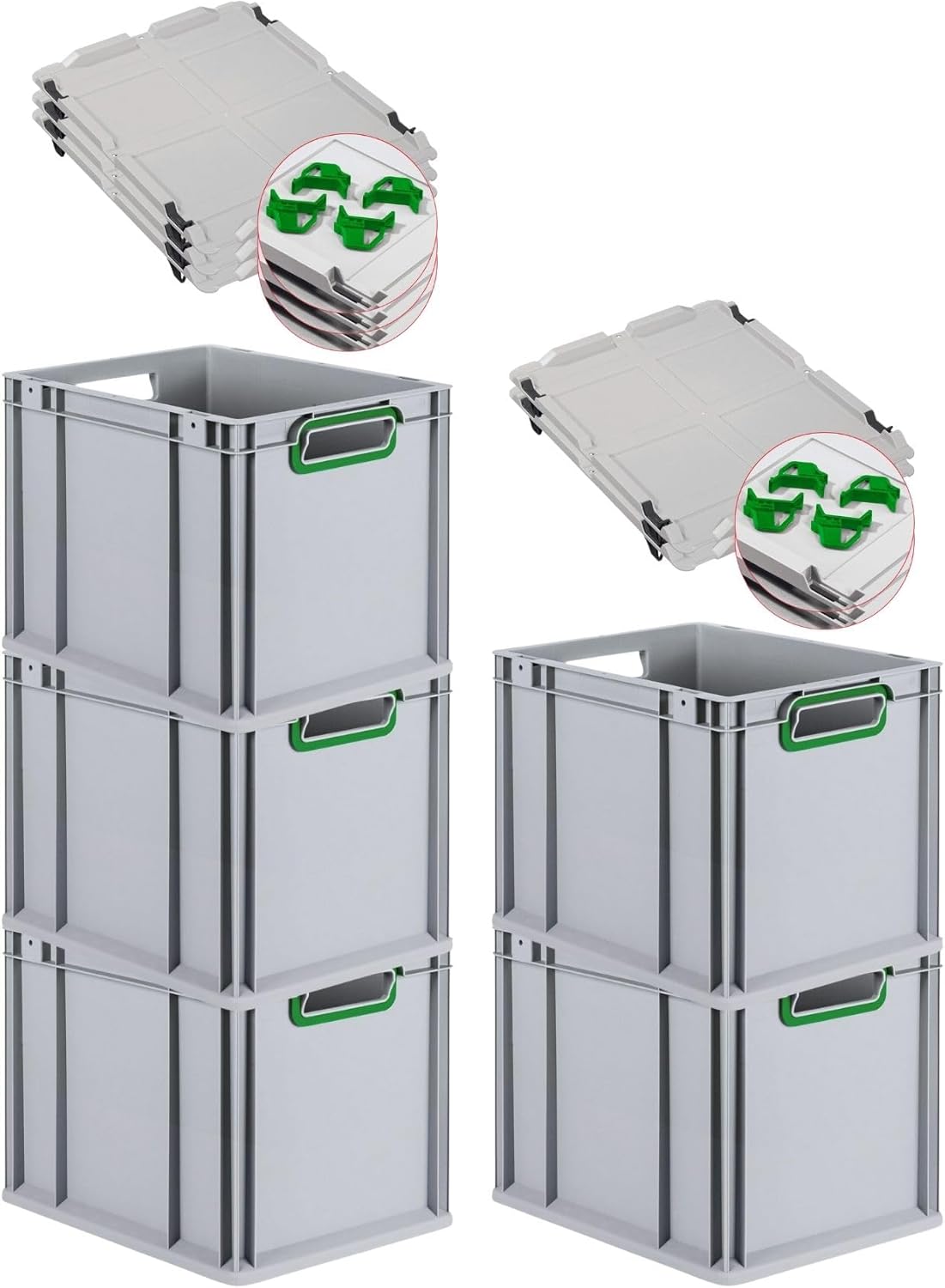 PROREGAL Economy Set of 5 Eurobox NextGen Colour with Lid and Sliding Snap Fasteners, H x W x D 22 x 30 x 40 cm, 20 L, Black, Closed Handles, Euro Container, Transport Box, Transport Container