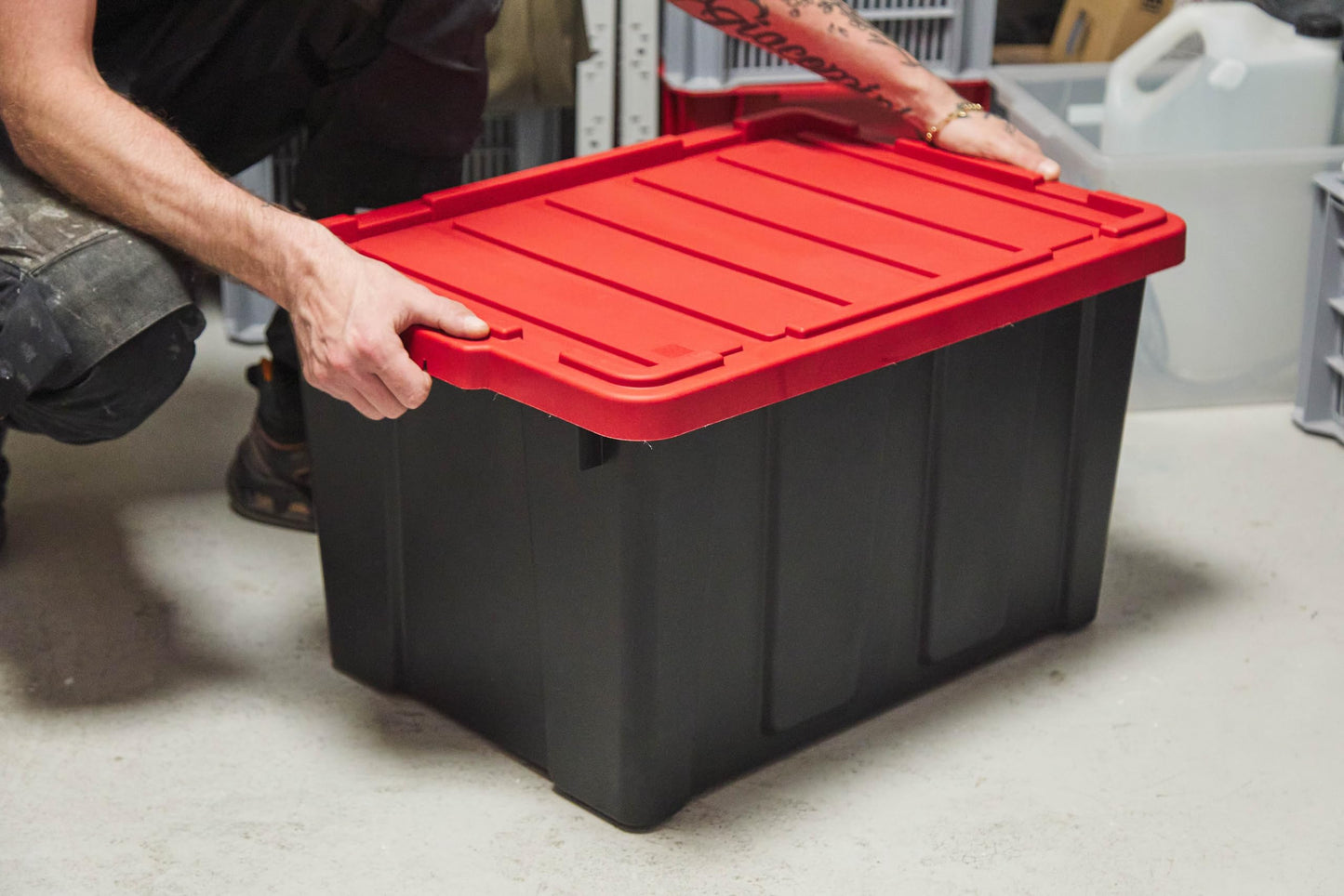 Iris Ohyama, 100L Plastic Storage Box with Heavy Duty Lid, Set of 2, Black, Stackable, Garage Shelves, Moving Moving Plastic Tool Box Storage Box UTB-27