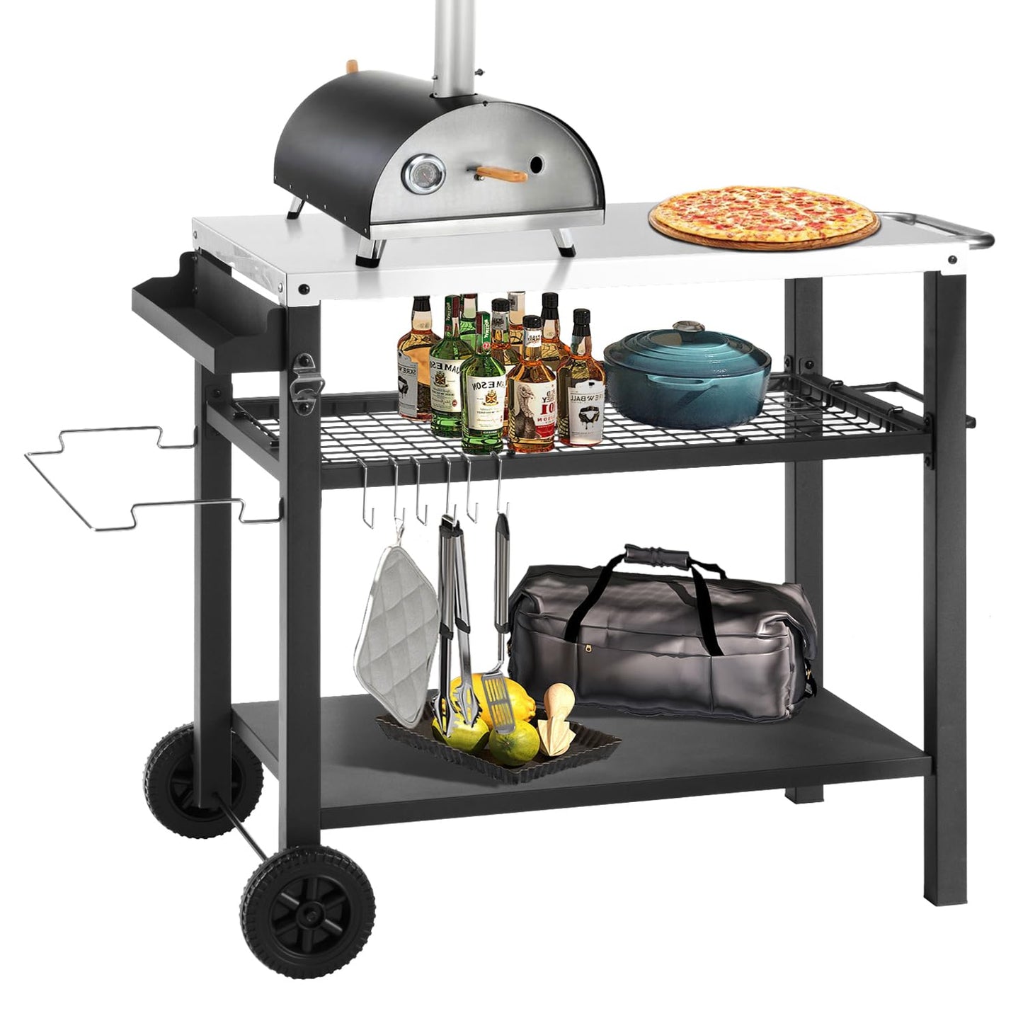 Barbecue Table with Large Work Surface | Grill Side Table, Outdoor Grill Trolley, Grill Table Outdoor, Stainless Steel Table Top, Outdoor Garden Trolley