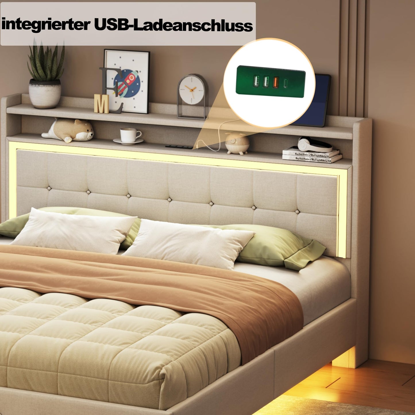 Polsterbett Doppelbett 140x200 cm mit LED-Beleuchtung und USB-Ladeanschluss, Bett mit Stauraumkopfteil, Stauraumbett mit Metallrahmen und Lattenrost aus Holz, Leinen, Beige, Ohne Matratze