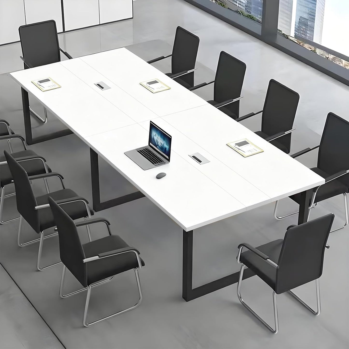 Large Conference Table, Modern Meeting Table with Cable Channel and Black Metal Frame for 8-12 People, Rectangular Seminar Table for Office, Conference Room