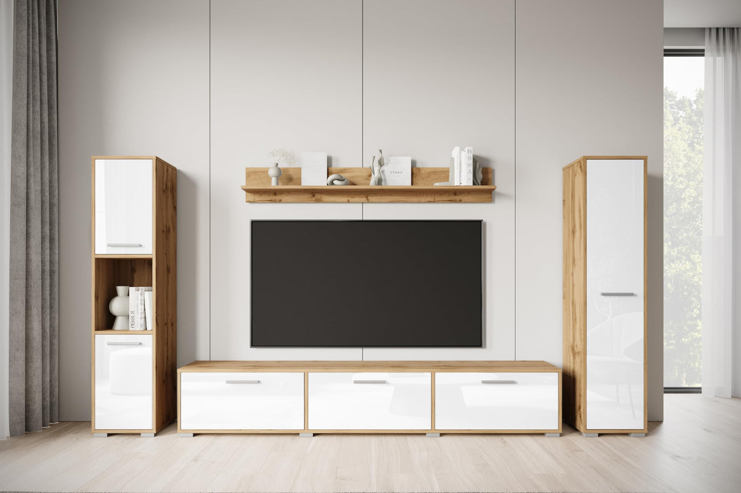 MINIO go for it - Living Room Wall Unit 4-Piece Toga, Living Room Furniture Set, 1 x TV Lowboard, 2 x Tall Cabinet, 1 x Wall Board, Living Room Furniture Complete, Living Room Set - Colour Wotan Oak