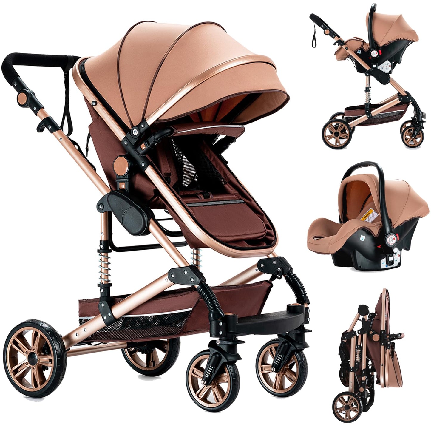 PU Leather Pushchair 3-in-1, Buggy with One-Click Folding Design, Pushchair with Two Reversible Sliding Modes, Combination Pushchair 3-in-1 Complete Set Frame Aluminium Alloy (518 Black)