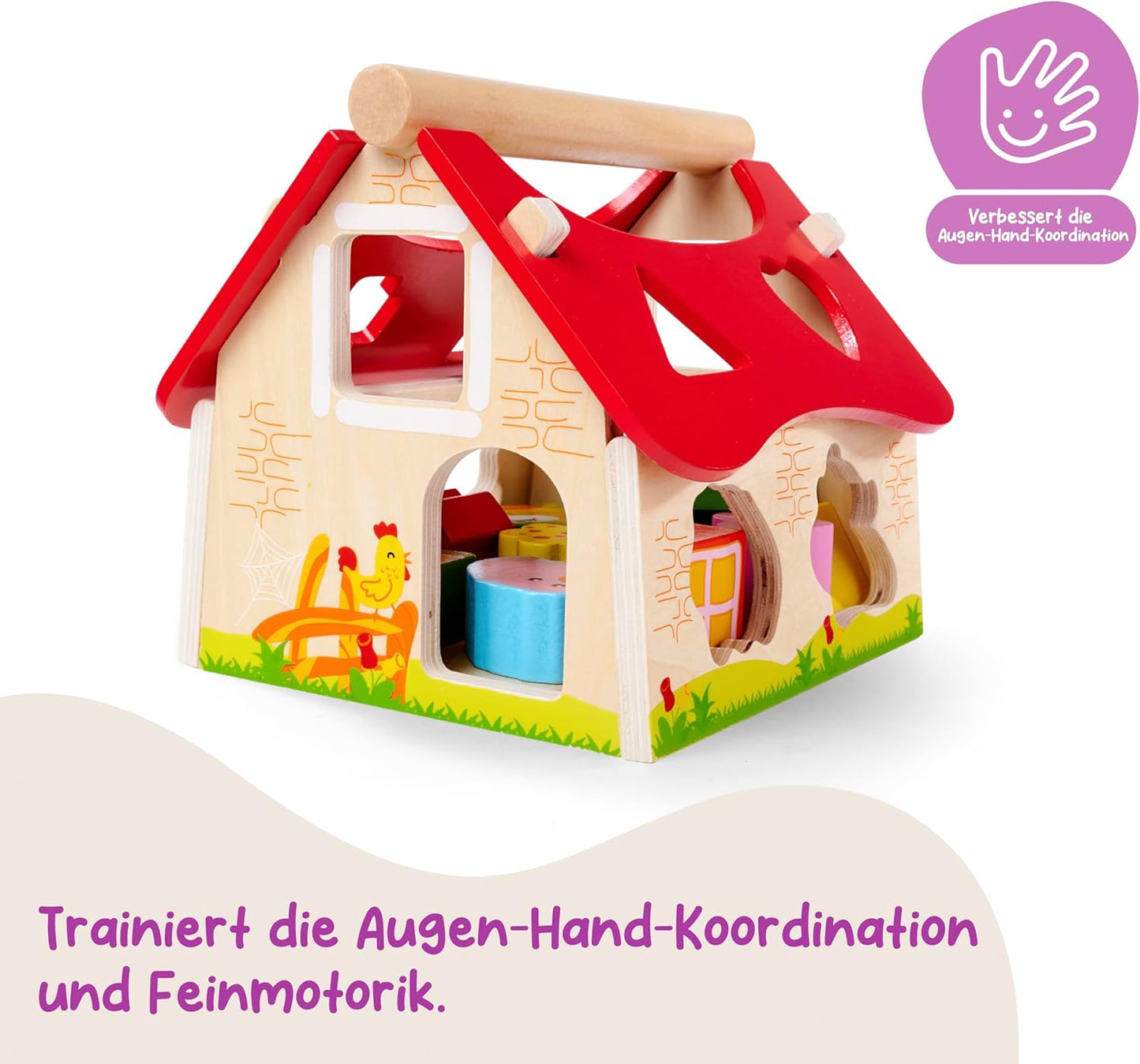 Eichhorn Wooden Pine House 15 Piece House with 12 Push-through Shape Blocks, Motor Skills Toy for Children 1 Year and Above Size: 18 x 17.5 x 18 cm.