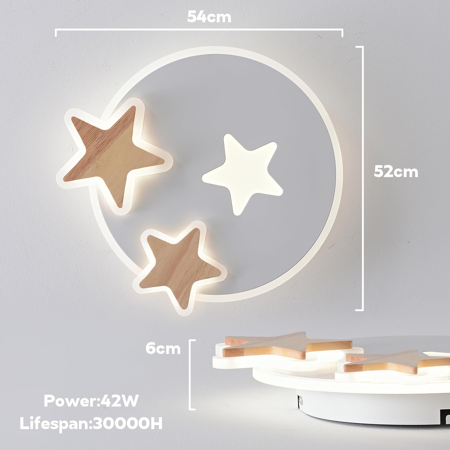 34 cm LED Ceiling Light Bedroom Wooden Children's Room Lamp Ceiling Star Children's Lamp Dimmable Ceiling Lamp for Children Lamp with Remote Control