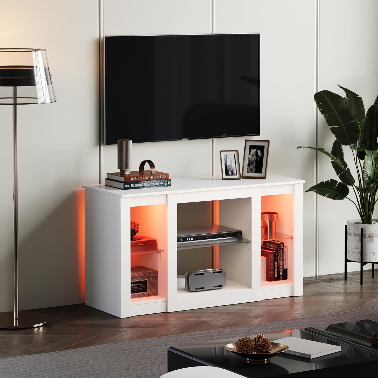WLIVE LED TV Cabinet, 166 x 39 x 56 cm, Lowboard for TVs up to 75 Inches, TV Stand with Adjustable Glass Shelf for Living Room, Bedroom (Black)