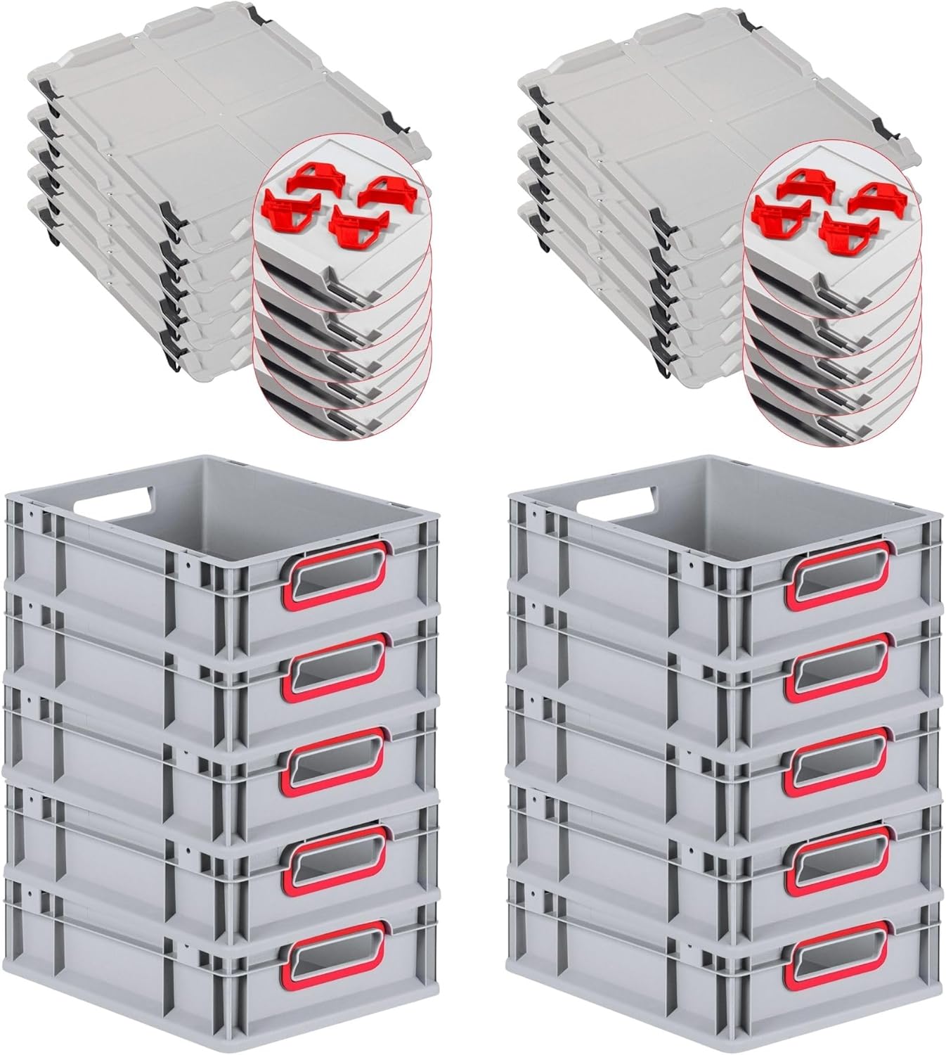 PROREGAL Economy Set of 5 Eurobox NextGen Colour with Lid and Sliding Snap Fasteners, H x W x D 22 x 30 x 40 cm, 20 L, Black, Closed Handles, Euro Container, Transport Box, Transport Container