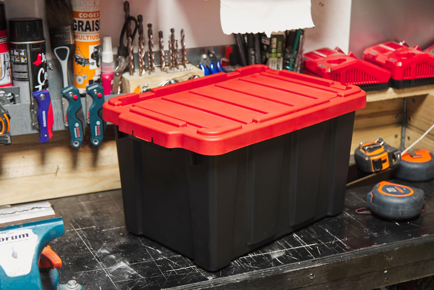 Iris Ohyama, 100L Plastic Storage Box with Heavy Duty Lid, Set of 2, Black, Stackable, Garage Shelves, Moving Moving Plastic Tool Box Storage Box UTB-27