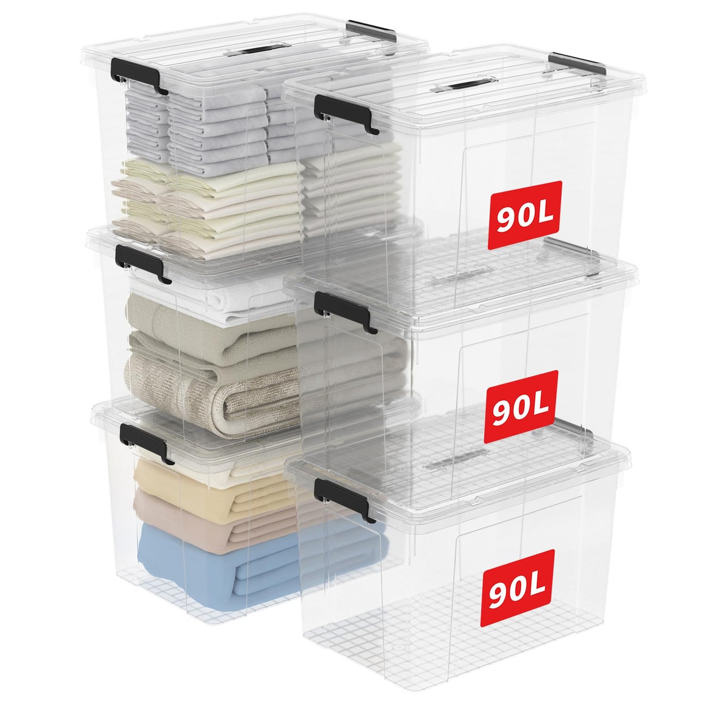 Cetomo 45 L x 3 Storage Boxes, Portable Plastic Boxes with Lids, Organiser Container with Handle and Clips, Stackable, Nestable, for Home and Office, Transparent, 45 L, Pack of 3