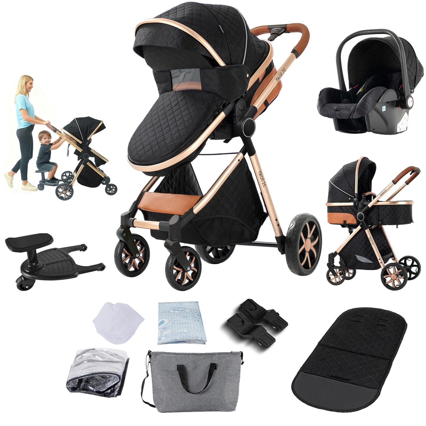PU Leather Pushchair 3-in-1, Buggy with One-Click Folding Design, Pushchair with Two Reversible Sliding Modes, Combination Pushchair 3-in-1 Complete Set Frame Aluminium Alloy (518 Black)