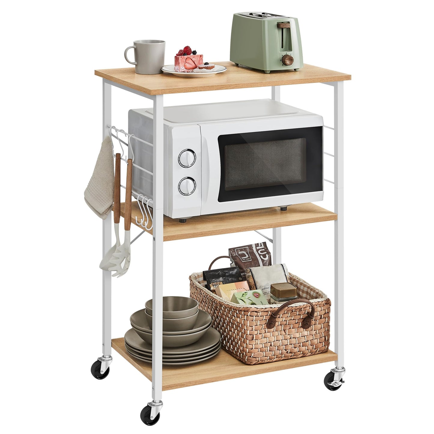 VASAGLE KKS60XV1 Kitchen Rack on Wheels Serving Trolley 3 Tier Kitchen Trolley Mini Oven Microwave Metal Frame 6 Hooks 40 x 60 x 89 cm Vintage Brown Ink Black