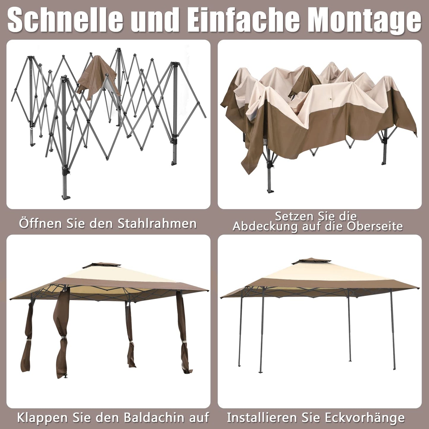 COSTWAY Gazebo 4 x 4 m, Pop-Up Folding Gazebo with Double Roof, Waterproof, Stable, UV Protection 50+, Garden Gazebo with Carry Bag on Wheels, Garden Tent for Patio, Garden (Grey)