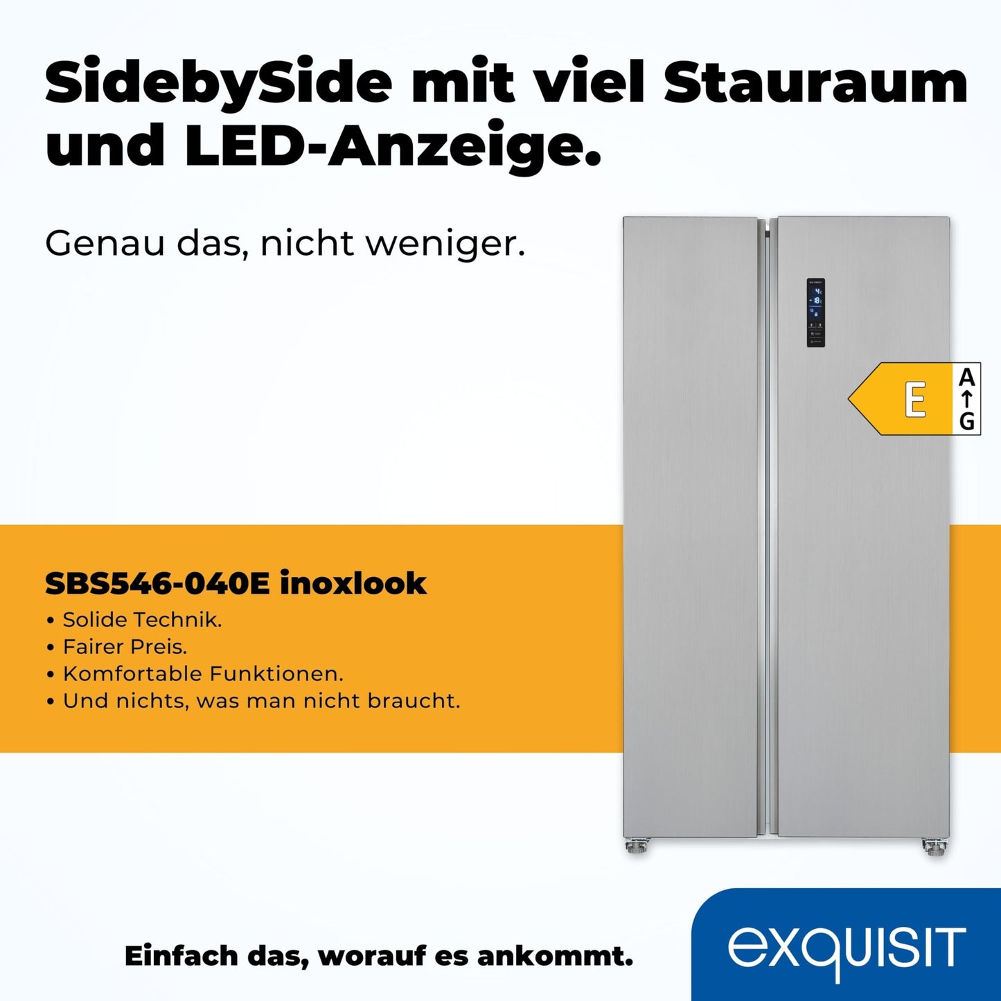 Exquisit Side-by-Side Fridge, Fridge-Freezer, NoFrost, 442 Litres, Quick Freeze, Alarm, 4-Star Freezer, LED Display, SBS546-040E inoxlook-az