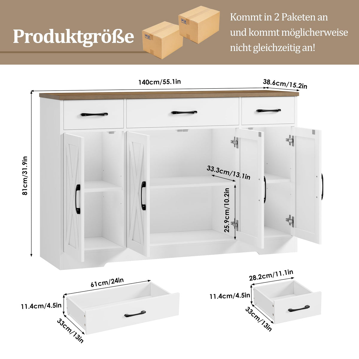 HOCSOK Sideboard, 140 cm Wide Kitchen Cabinet with 2 Adjustable Shelves, Buffet Cabinet with 3 Drawers 4 Doors, Kitchen Buffet for Living Room, Kitchen, Hallway, White & Brown