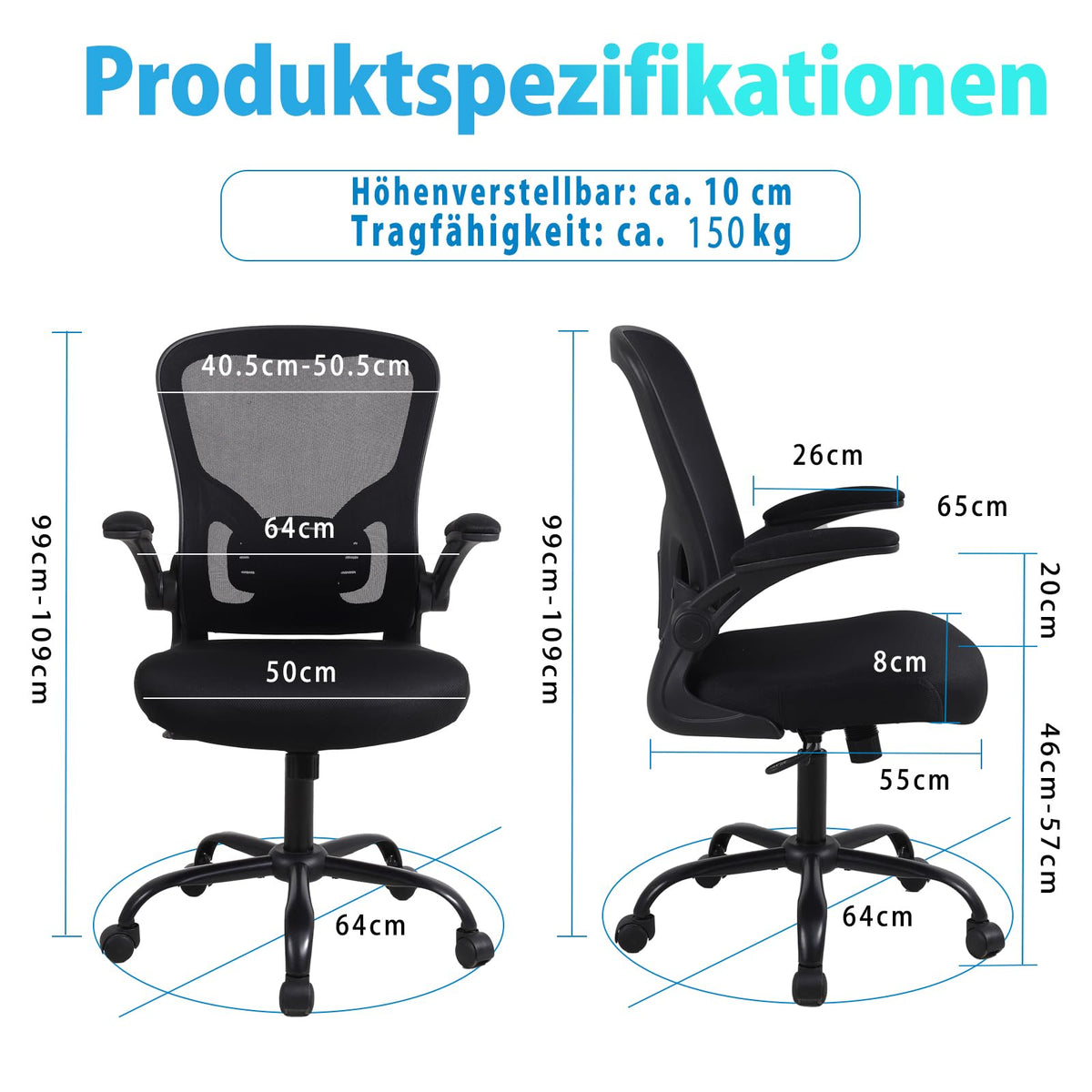 Youhauchair Office Chair, Ergonomic Office Chair with Fold-Up Armrests, Desk Chair with Lumbar Support, Breathable Office Chair, Black