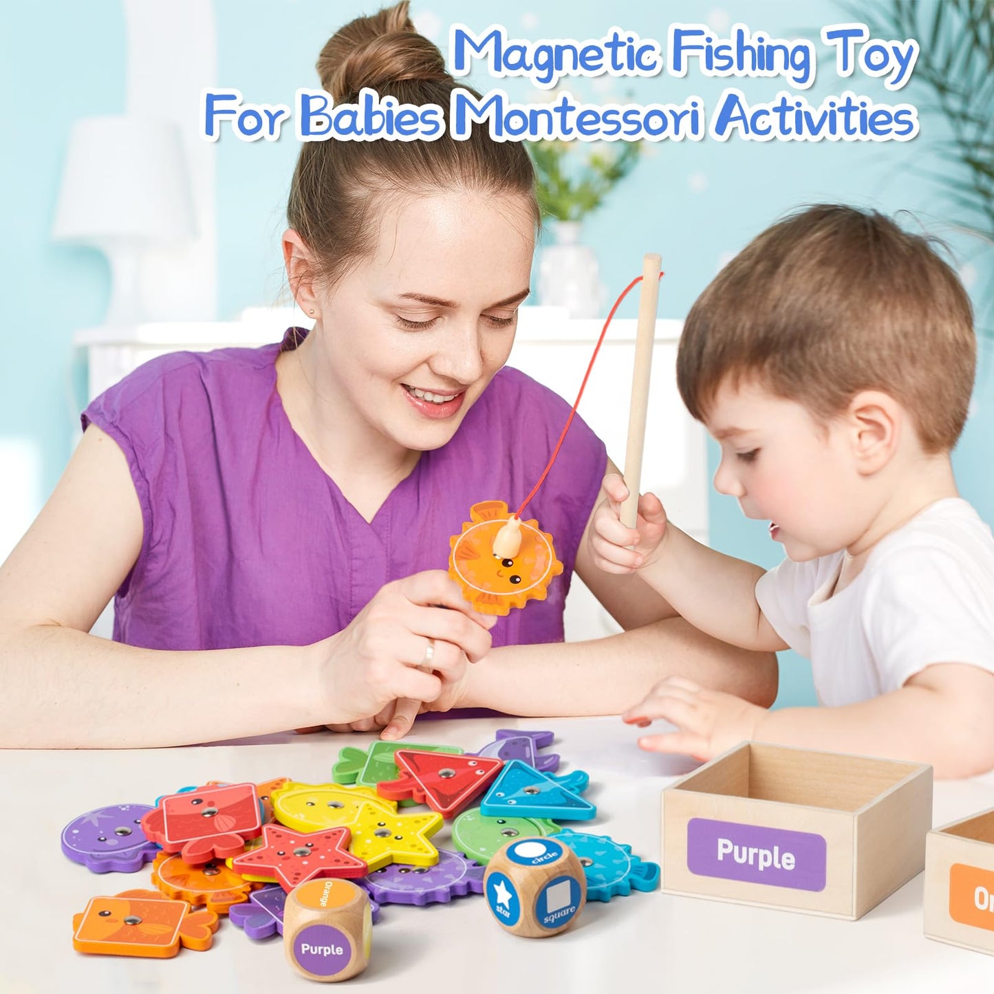 Smartwo Montessori Toy from 2 Years, Magnetic Fishing Game 2-3 Years, Colour & Shape Sorting Games, Educational Toy, Wooden Toy, Motor Skills Toy, Meaningful Gift for 2-4 Year Old Baby Toddlers
