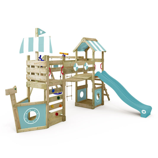 WICKEY Spielturm Klettergerüst StormFlyer mit Schaukel & roter Rutsche, Outdoor Kinder Kletterturm mit Sandkasten, Leiter & Spiel-Zubehör für den Garten