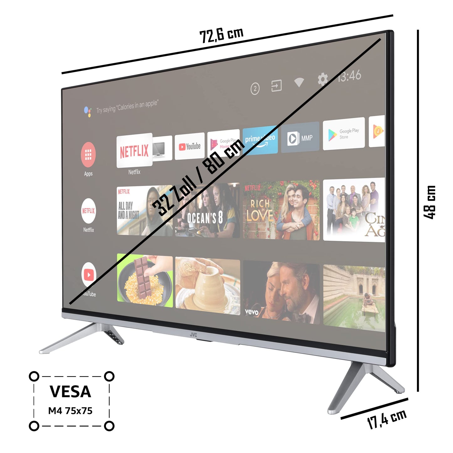 JVC 32 Zoll Fernseher Android TV (HD-Ready Smart TV, HDR, Triple-Tuner, Google Play Store) LT-32VAH3355
