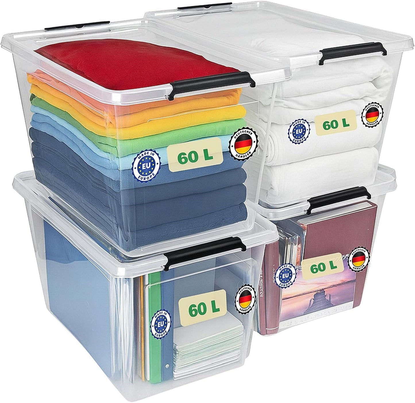 astor24 Storage Box with Lid - Transparent Organiser 40 L - Food Safe - Stackable. Ideal for Office, Children's Room, Clothes Boxes - Kitchen - Workshop