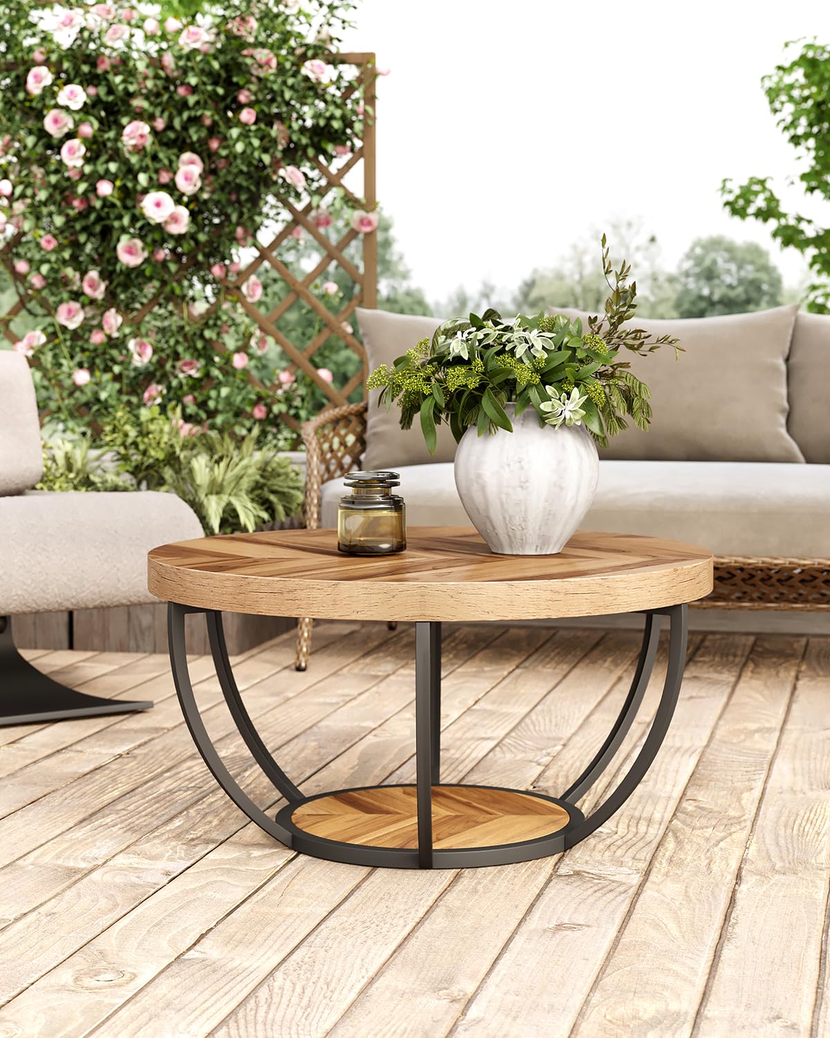 LITTLE TREE Round Coffee Table 32 Inch Round Coffee Table for Living Room 2 Tier Wood Accent Center Table with Open Storage Industrial Design Home Furniture (Wood Grain and Black)