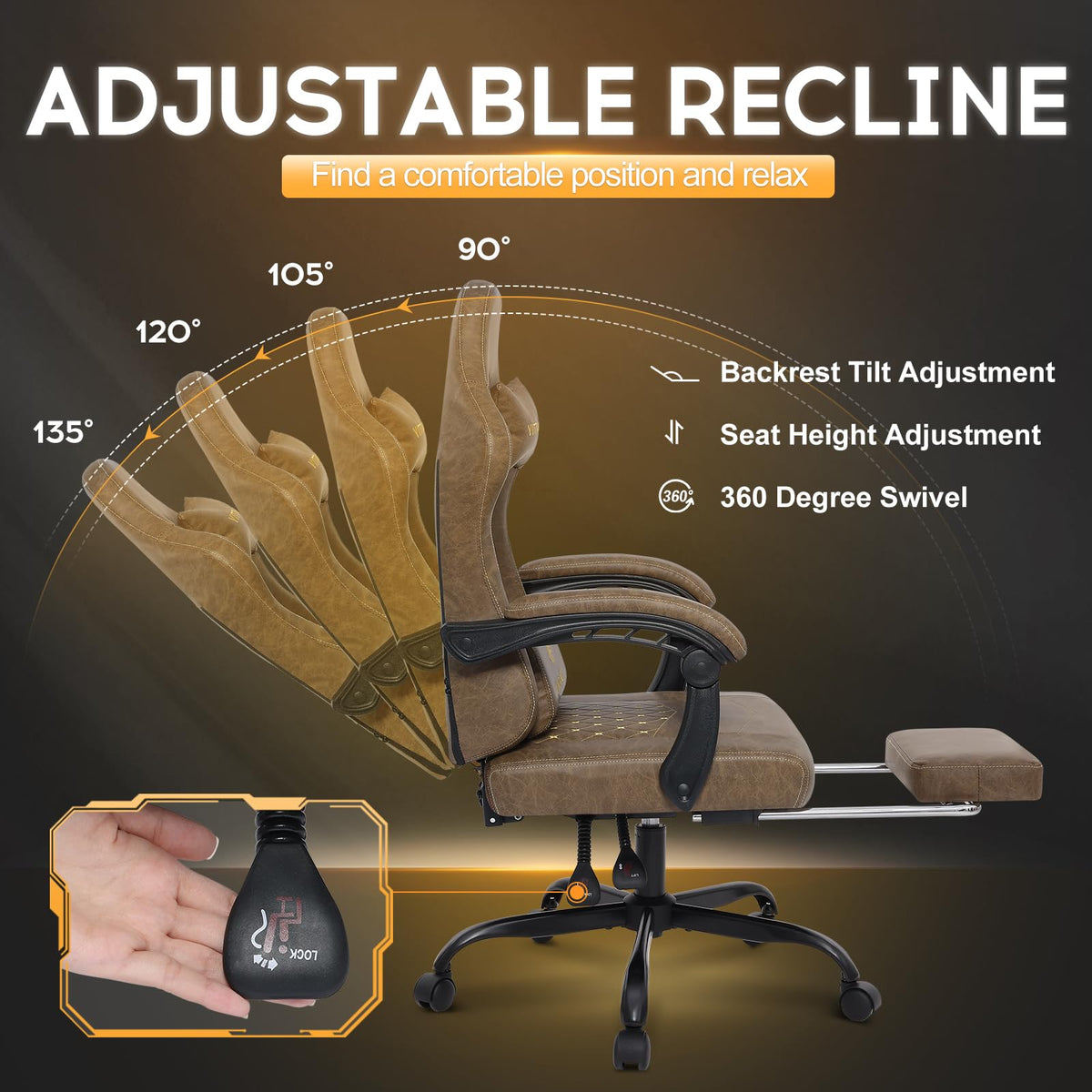 Vittanly Gaming Chair with Spring Cushion, Ergonomic Gaming Chair, Gamer Chair with Headrest, Lumbar Cushion and Footrest, Height-Adjustable Rotating Gaming Chair, Office Chair, 150 kg, Black