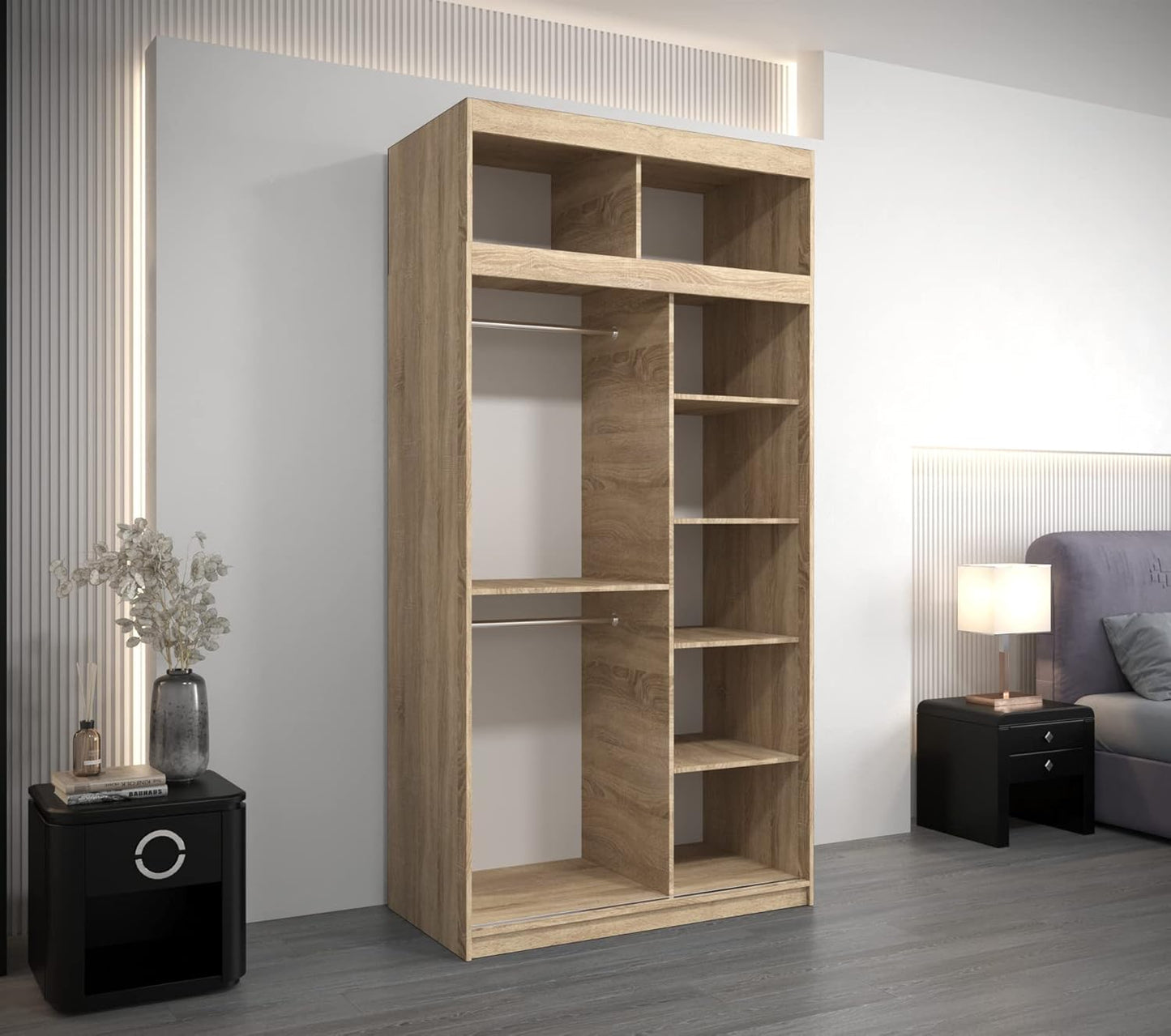 MEBLE KRYSPOL Kleiderschrank mit Spiegel Tokyo 2 - Garderobenschrank - Schrank Schlafzimmer - Mehrzweckschrank DREI Schiebetüren - Regalen - Flur Möbel - Kleiderstange Schrank - Allzweckschrank