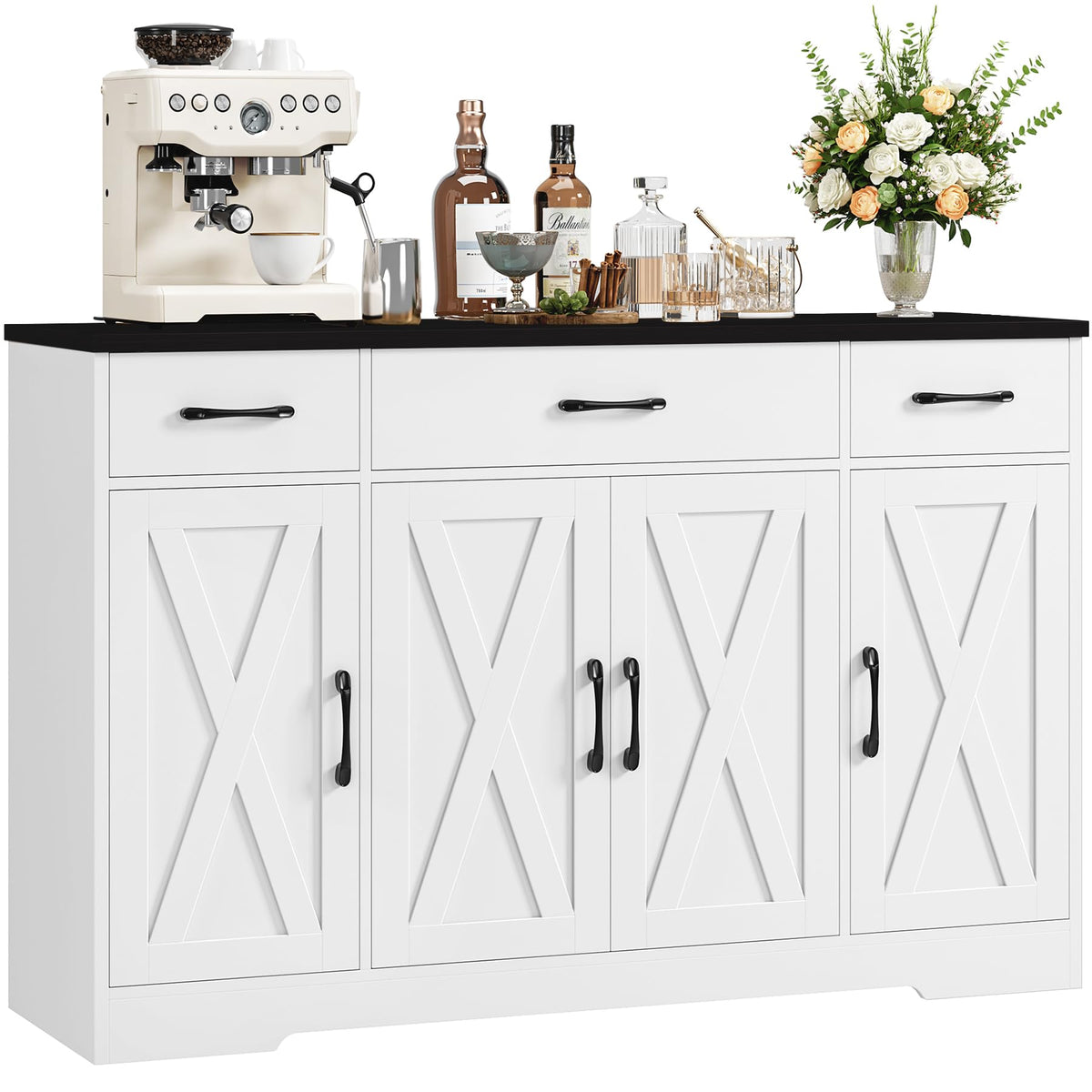 HOCSOK Sideboard, 140 cm Wide Kitchen Cabinet with 2 Adjustable Shelves, Buffet Cabinet with 3 Drawers 4 Doors, Kitchen Buffet for Living Room, Kitchen, Hallway, White & Brown