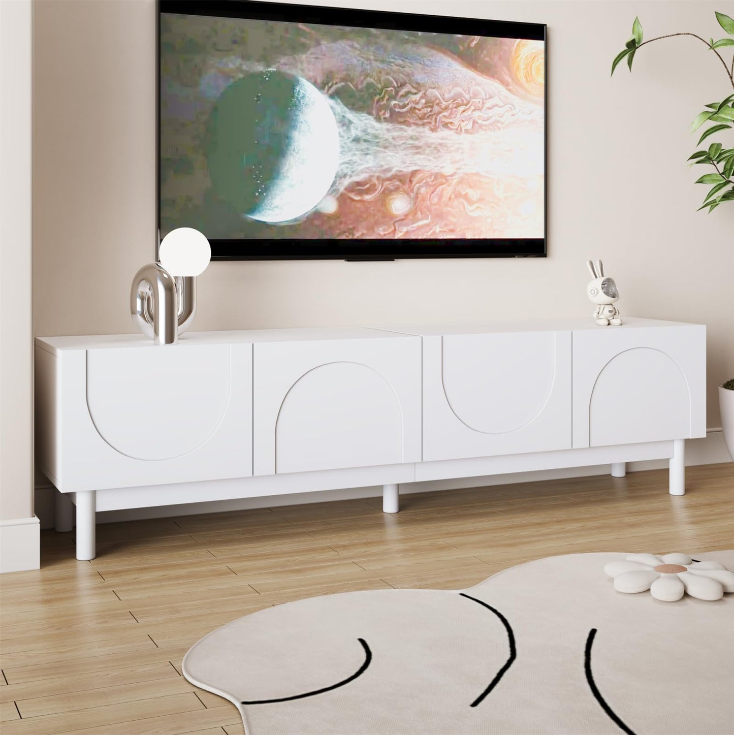 TV Cabinet with 3 Drawers, TV Table with Golden Handles and Legs, Modern TV Stand for TVs up to 75 Inches, Rounded Corners, TV Cabinet for Living Room, 174 x 35 x 41 cm, White