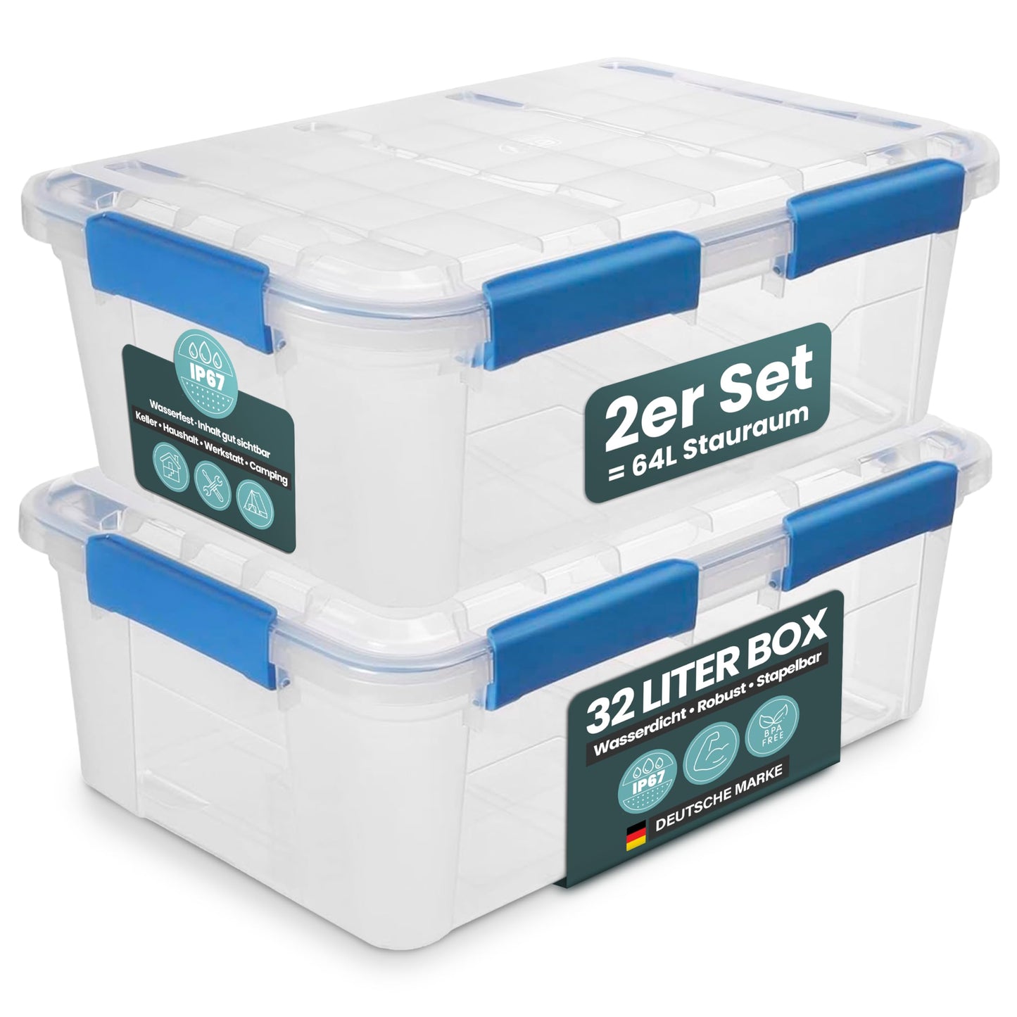 Kreher® Waterproof Storage Box with Lid and Silicone Seal (IP67) Made of Durable Plastic in Various Sizes. Ideal for Wet Rooms, Basements, Garages, Camping etc. (2.50 Litres)