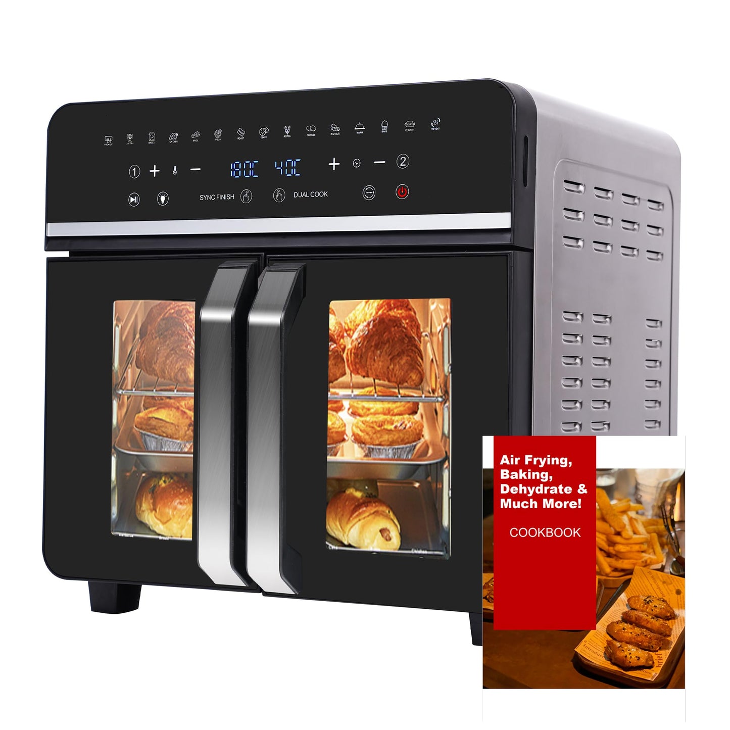 Dual Zone Hot Air Fryer, 23 L Hot Air Fryer, XXL Oven 1800 W with LED Touch Screen, 15 Programmes, with Recipe Book, 11 Accessories