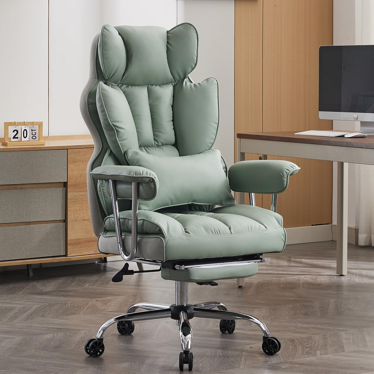 Efomao Ergonomic Office Chair, Polyurethane (PU) Leather Executive Chair, Office Chair 150 kg with Footrest and Lumbar Support, Adjustable Chair with High Backrest, Beige