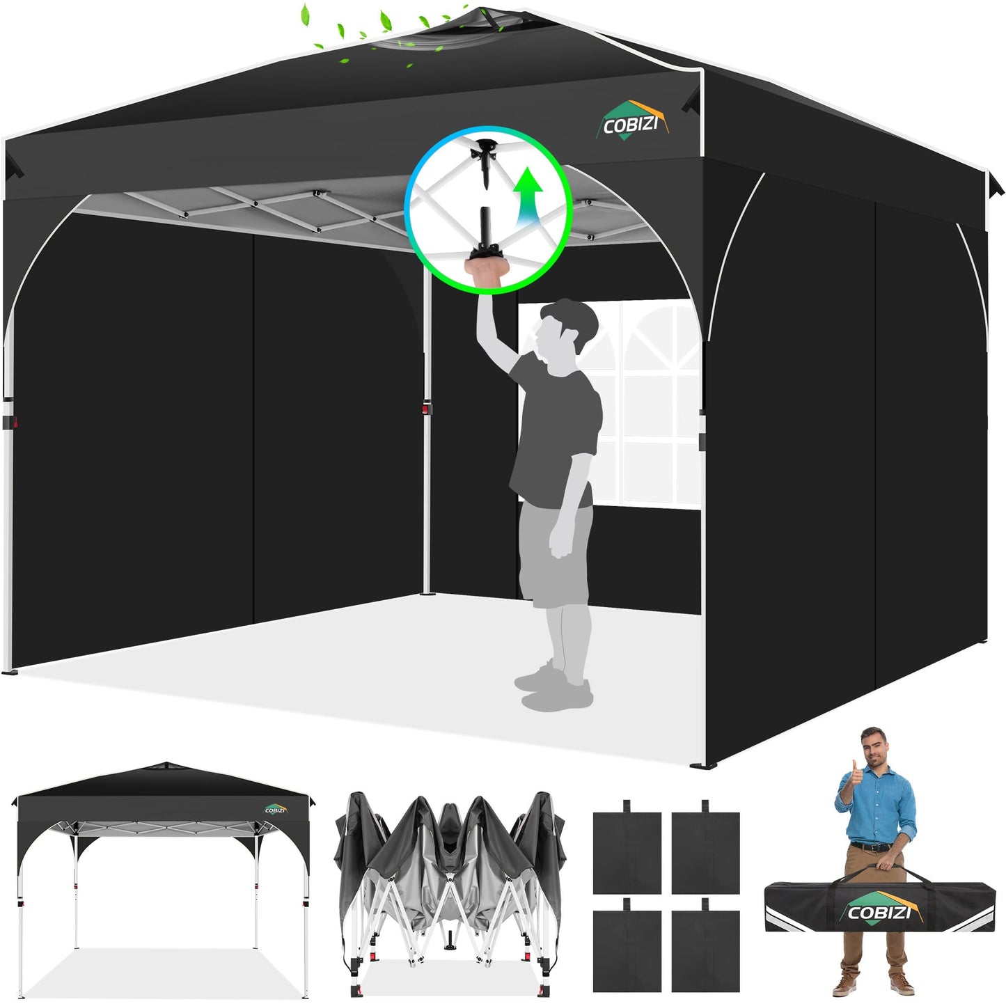 COBIZI Folding Gazebo Gazebo 3 x 6 Waterproof Winterproof Garden Gazebo Party Tent Pop Up Gazebo Foldable Tent with 6 Side Waves with Ventilation Openings, Sandbag for Market, Outdoor Event, Black