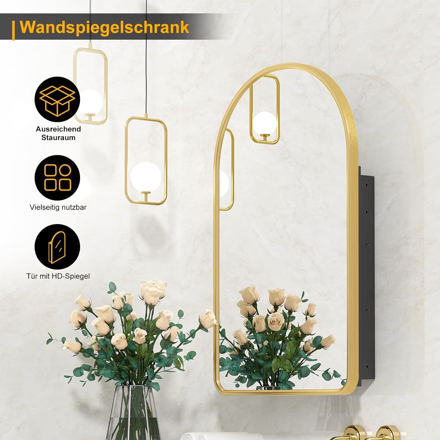 Arched Medicine Cabinet with Mirror, Recessed Medicine Cabinet, Aluminum Frame, Surface Mounted, Gold Mirror Cabinet with Storage for Bathroom, 40 x 80 cm