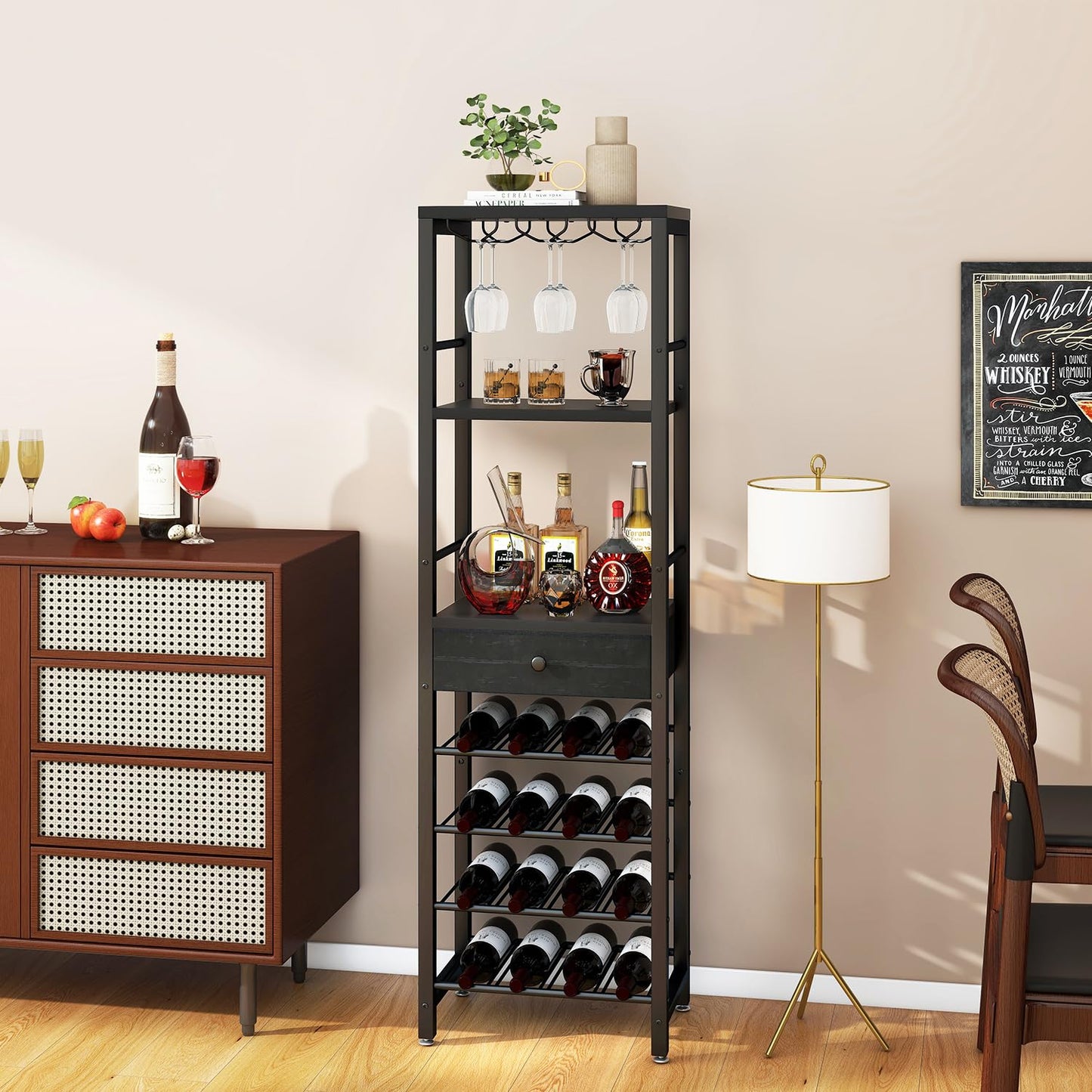 IBUYKE TMJ905H Wine Rack, 4-Layer Freestanding Wine Rack with Glass Holder and Drawer, 16 Bottle Rack, Countertop Wine Rack with Table Top Shelf, for Kitchen, Bar, Dining Room, Vintage Brown