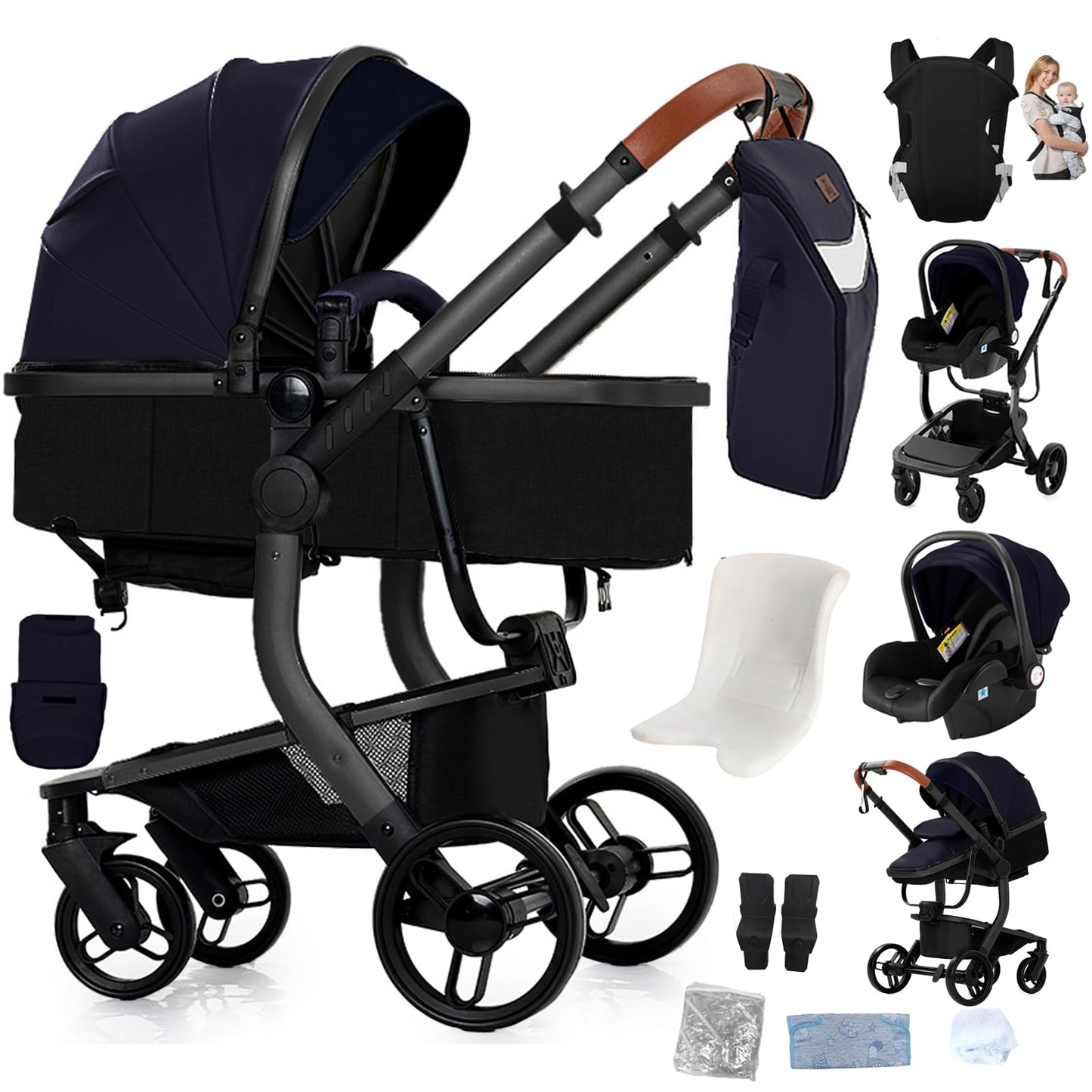 PU Leather Pushchair 3-in-1, Buggy with One-Click Folding Design, Pushchair with Two Reversible Sliding Modes, Combination Pushchair 3-in-1 Complete Set Frame Aluminium Alloy (518 Black)