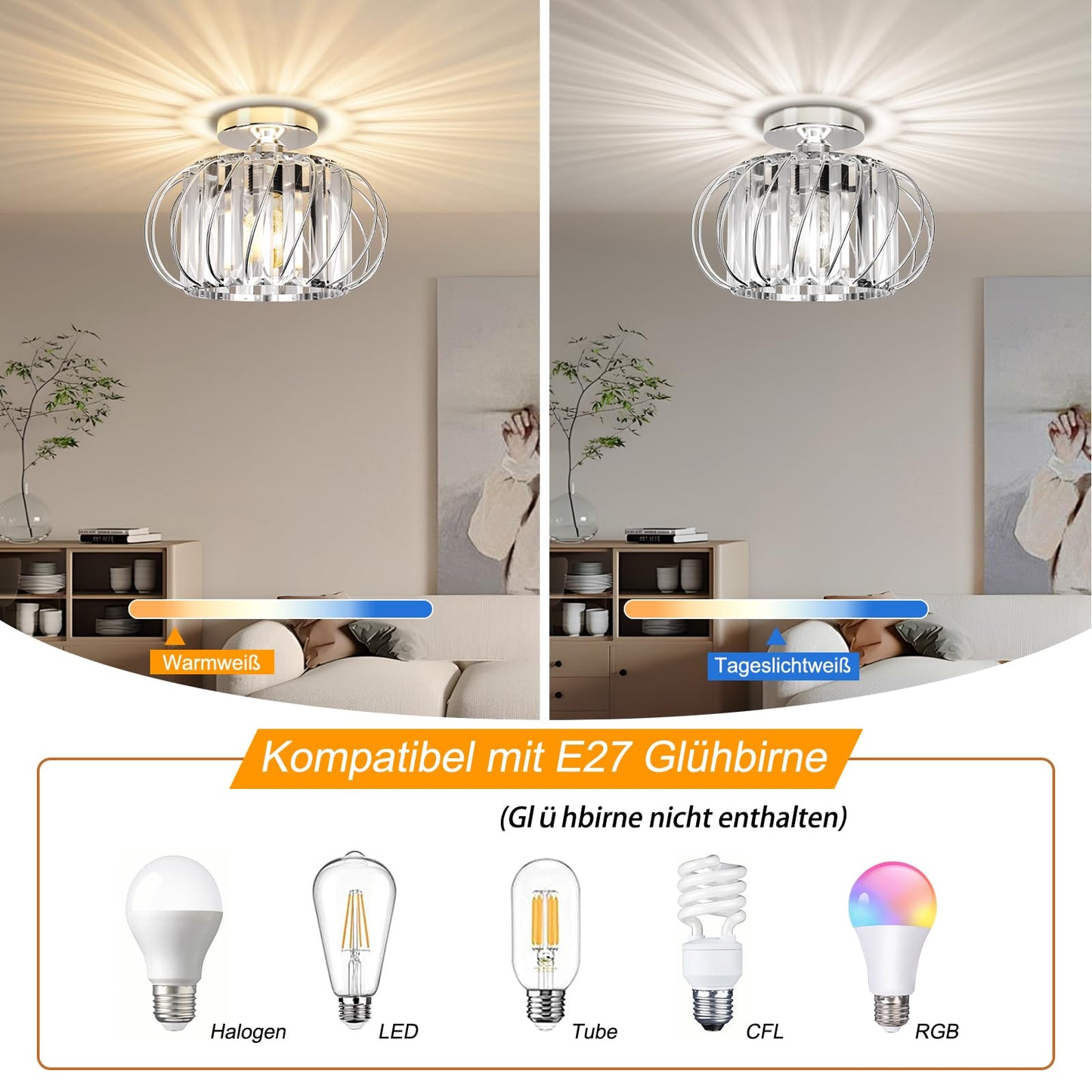 FRIDEKO HOME Modern Kronleuchter Kristall Deckenleuchte Gold,Kleine Kristall Deckenlampe E27 Fassung für Wohnzimmer Schlafzimmer Küche Flur,Ø23cm