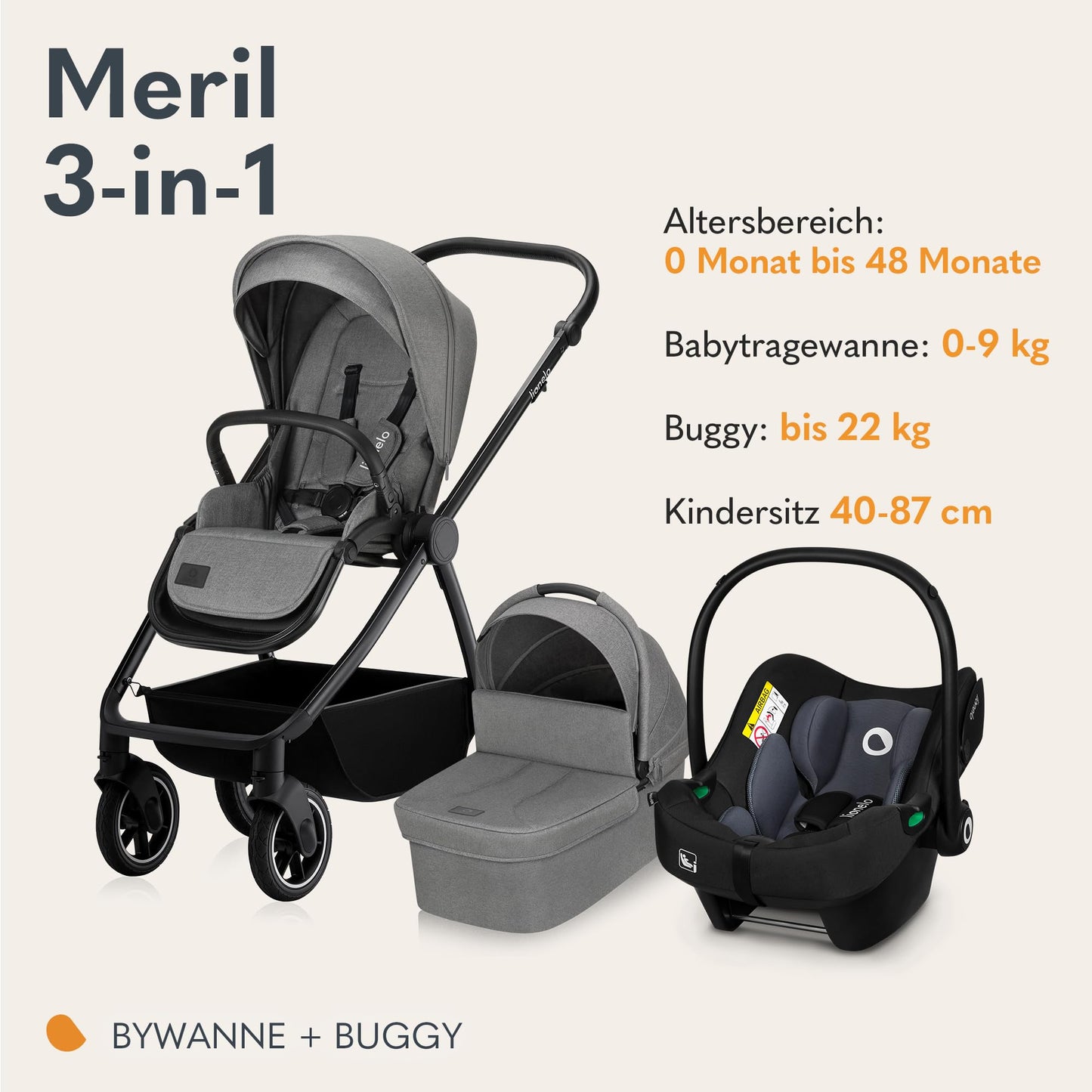 LIONELO Meril 3-in-1 Multifunctional Pushchair, 0-48 Months, Up to 22 kg, Baby Carrycot up to 9 kg, Child Seat up to 13 kg, 360° Off-Road Wheels, Full Suspension, XXL Hood with UPF50+
