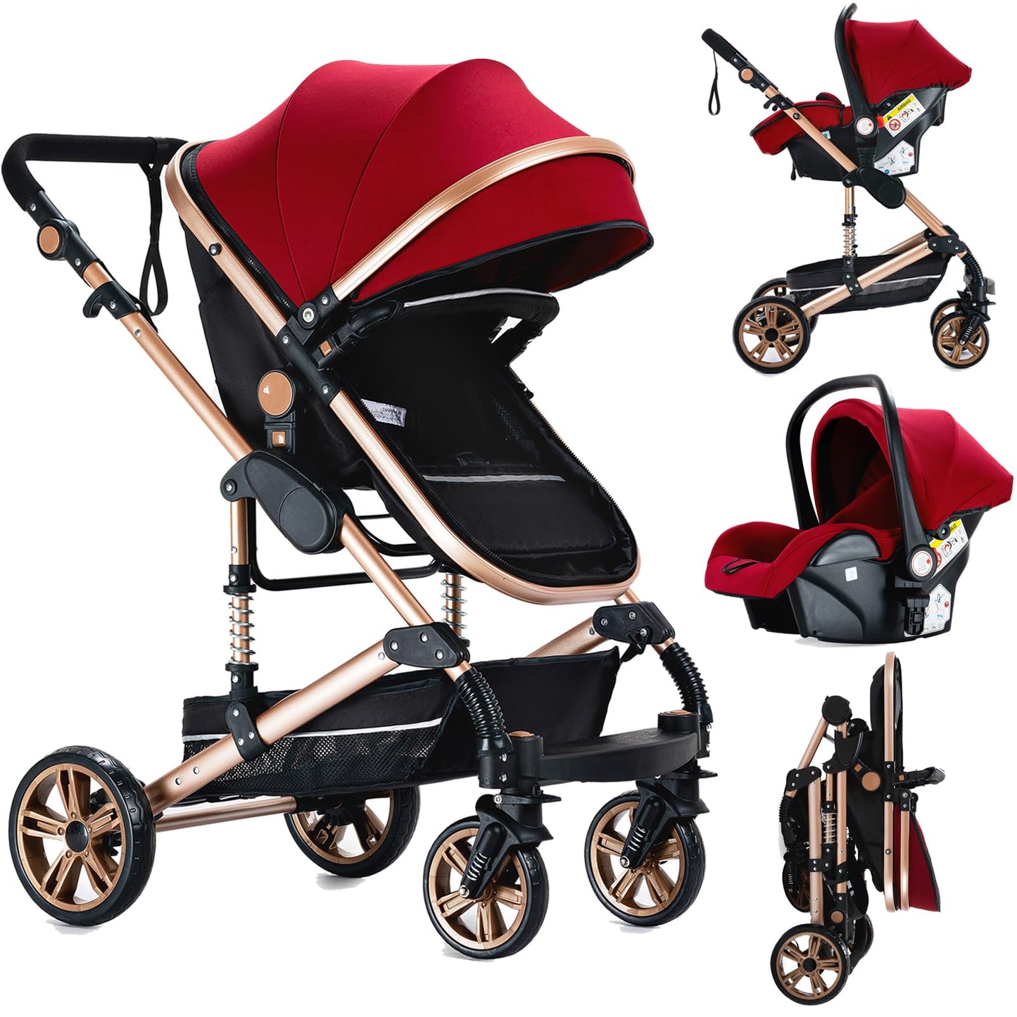 PU Leather Pushchair 3-in-1, Buggy with One-Click Folding Design, Pushchair with Two Reversible Sliding Modes, Combination Pushchair 3-in-1 Complete Set Frame Aluminium Alloy (518 Black)