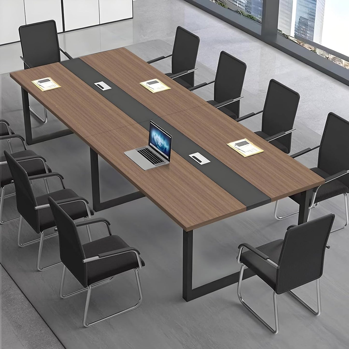 Large Conference Table, Modern Meeting Table with Cable Channel and Black Metal Frame for 8-12 People, Rectangular Seminar Table for Office, Conference Room