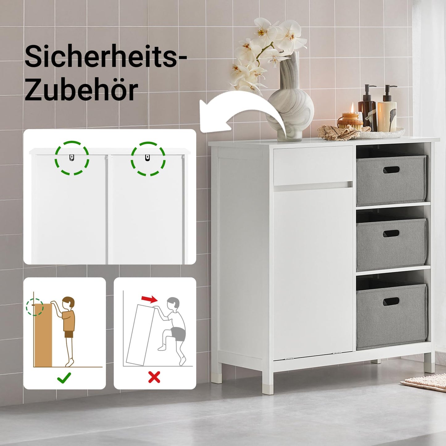 SoBuy BZR77-W Laundry Cabinet - Freestanding Bathroom Cabinet with Laundry Basket - Space-Saving Bathroom Cabinet with 3 Baskets and Drawer - Wooden Bathroom Furniture for Small Spaces, White, 80 x 91