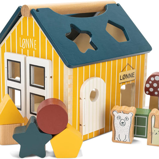 HEJ LØNNE Holz Steckhaus mit 12 Holzbausteine – Montessori Spielzeug zur Förderung von Motorik und Koordination - Steckhaus ab 1 Jahr - Motorikspielzeug