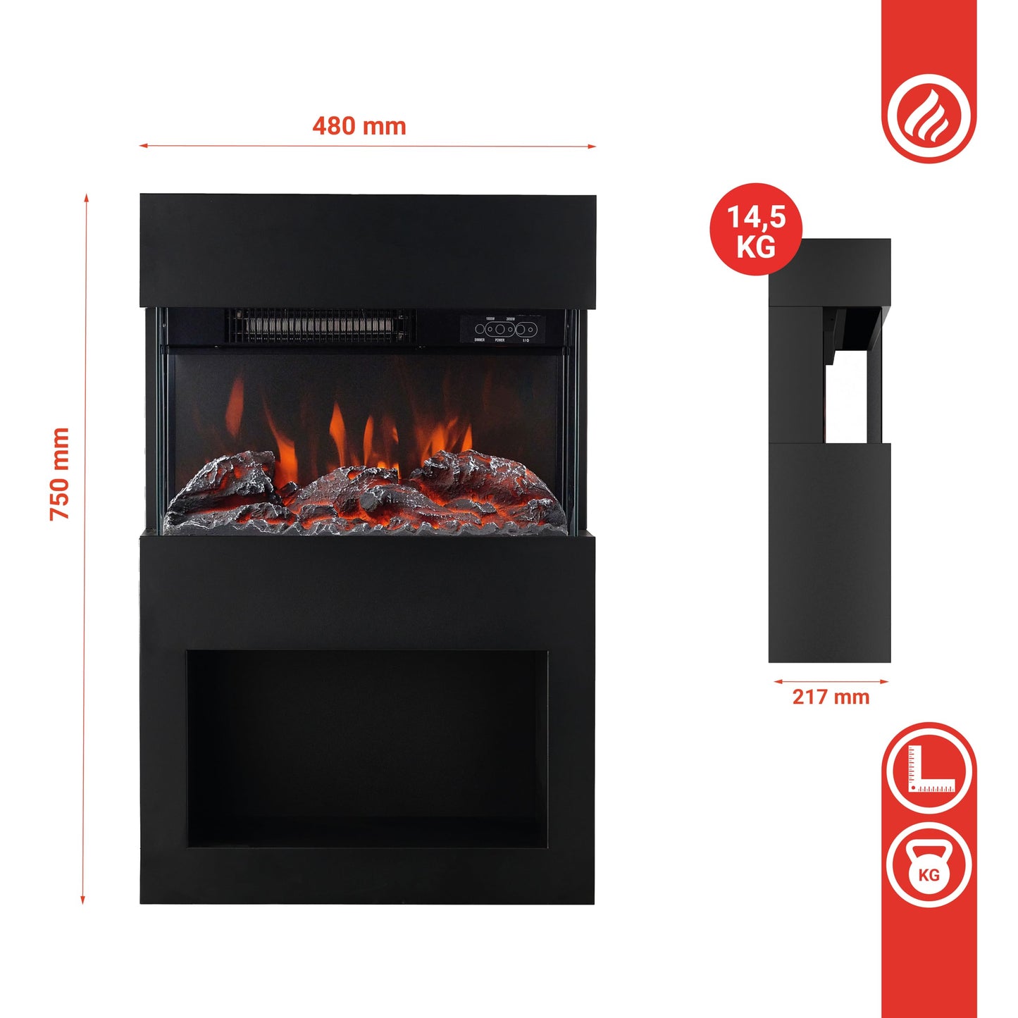 Henri Electric Fireplace with Heater, 3D Flame Effect, Wooden Compartment, LED Ambient Light, Remote Control (Black)