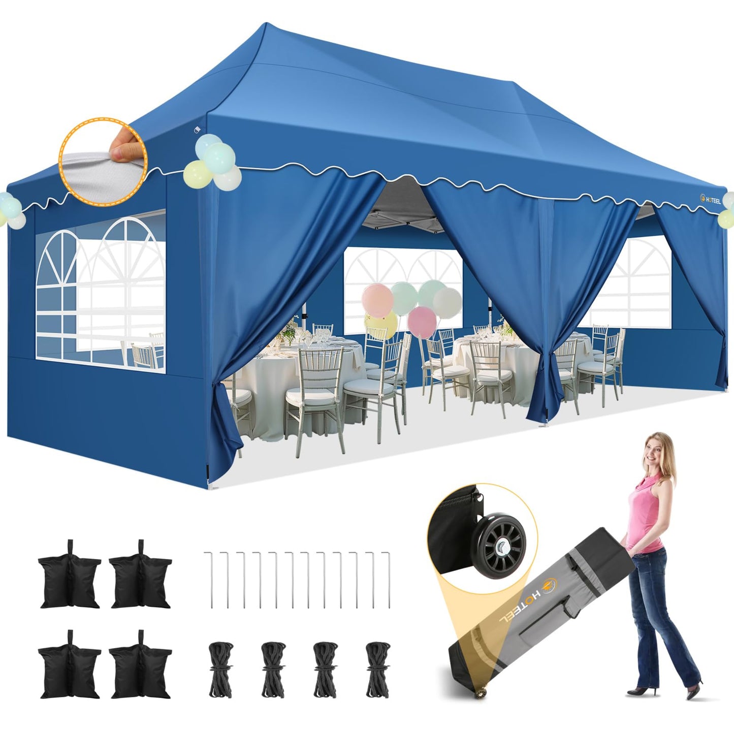 HOTEEL Gazebo 3 x 6 Waterproof Stable with 6 Removable Side Walls, Wave Hem Roof Party Tent 3 x 6 with Wheel Bag and 4 Sand Bags, Folding Gazebo 3 x 6 Parasol for Wedding Market (Grey)