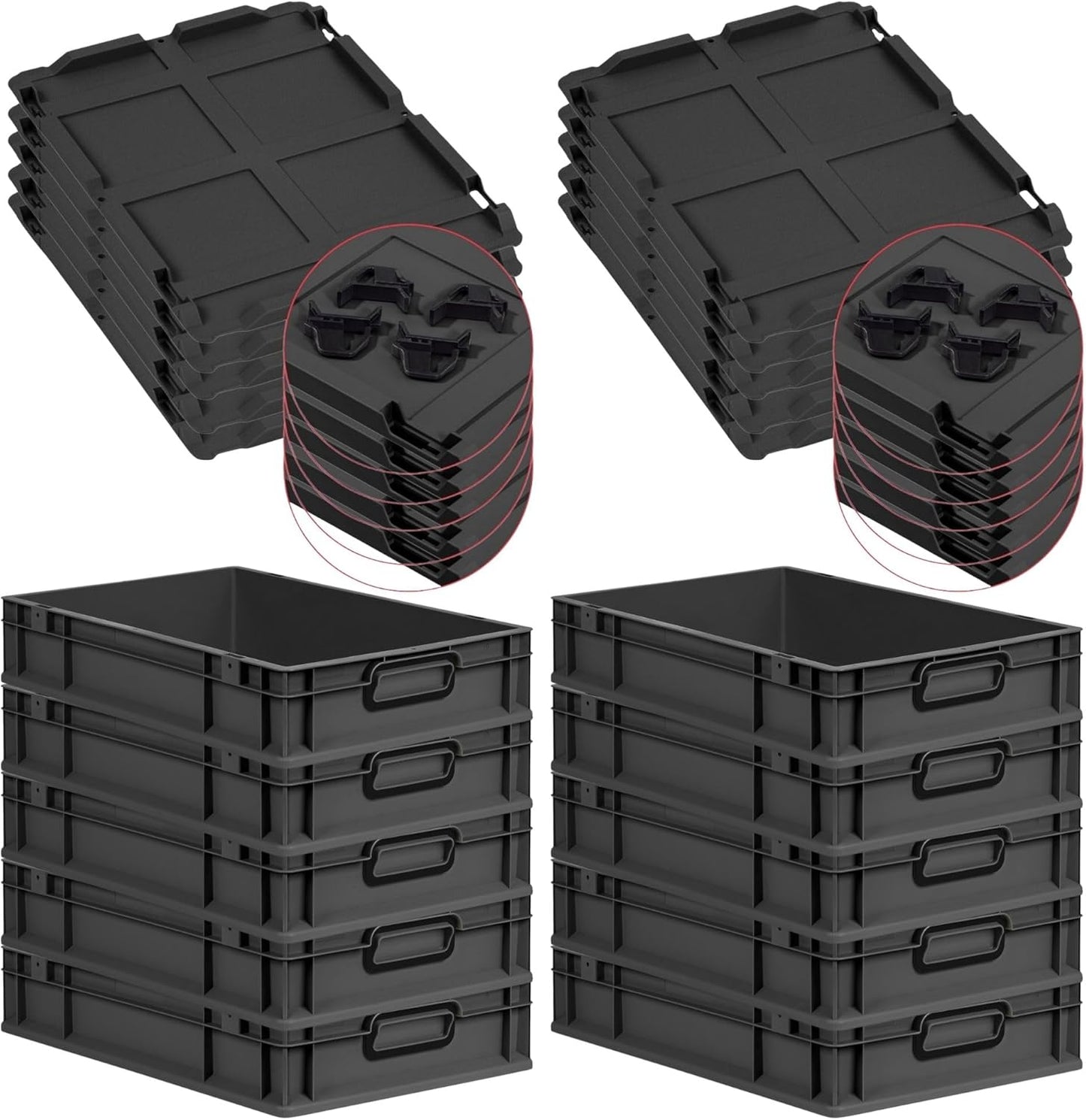 PROREGAL Economy Set of 5 Eurobox NextGen Colour with Lid and Sliding Snap Fasteners, H x W x D 22 x 30 x 40 cm, 20 L, Black, Closed Handles, Euro Container, Transport Box, Transport Container