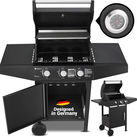Broilcue Louisiana BBQ Gas Barbecue 3 Burners 8.1 kW Gas Grill Trolley incl. Grill Grate, Lid with Grill Thermometer, Warming Rack and Side Shelves