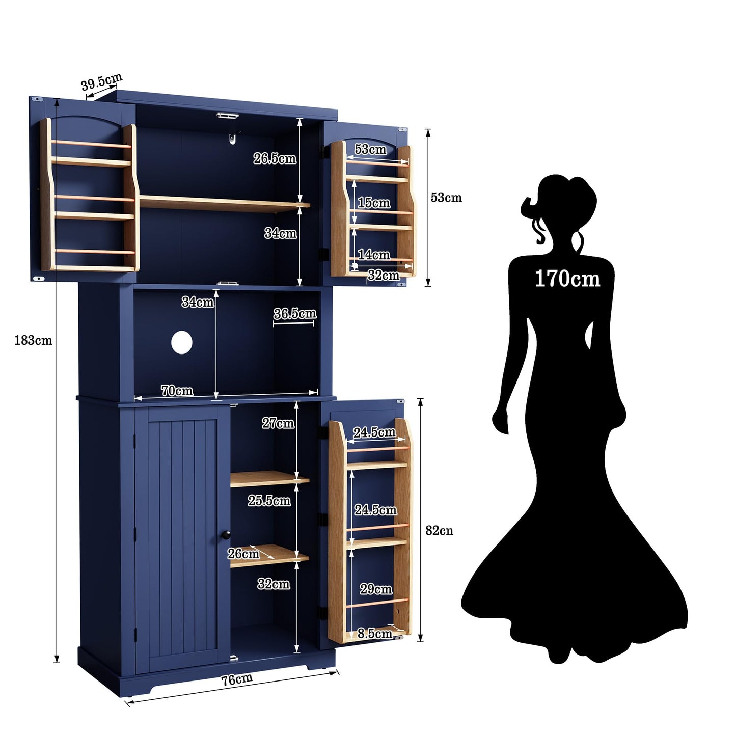 HOLTICO Küchenschrank mit Arbeitsplatte, Hochschrank Küchenbuffet Buffetschrank, Esszimmerschrank, Speisekammer mit Türen und Regalen für Esszimmer, Wohnzimmer, Waschküche,Schwarz