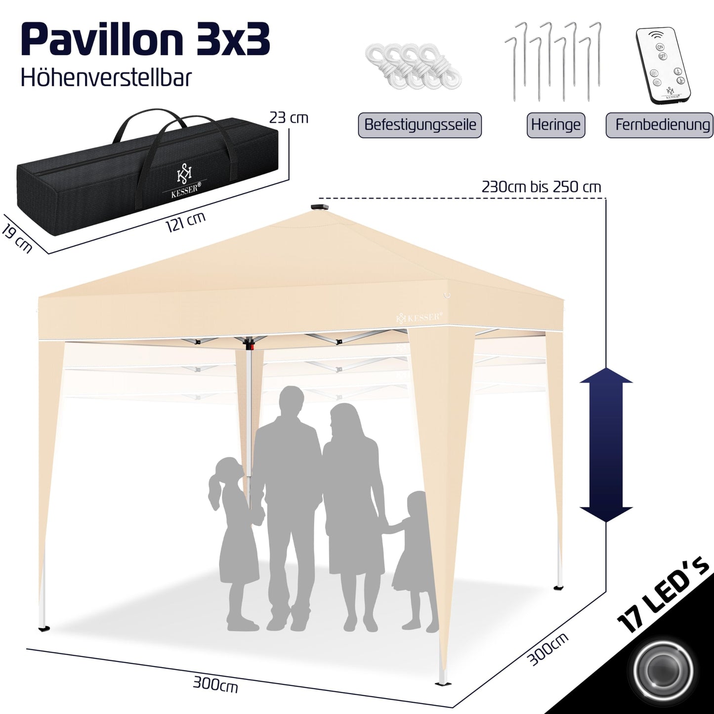 KESSER® Folding Gazebo 3 x 3 m with LED Lighting, Pop-Up Garden Gazebo, Height Adjustable, Stable, Waterproof, Winterproof, Party Tent, Marquee, UV Protection 50+, Includes Remote Control and Bag