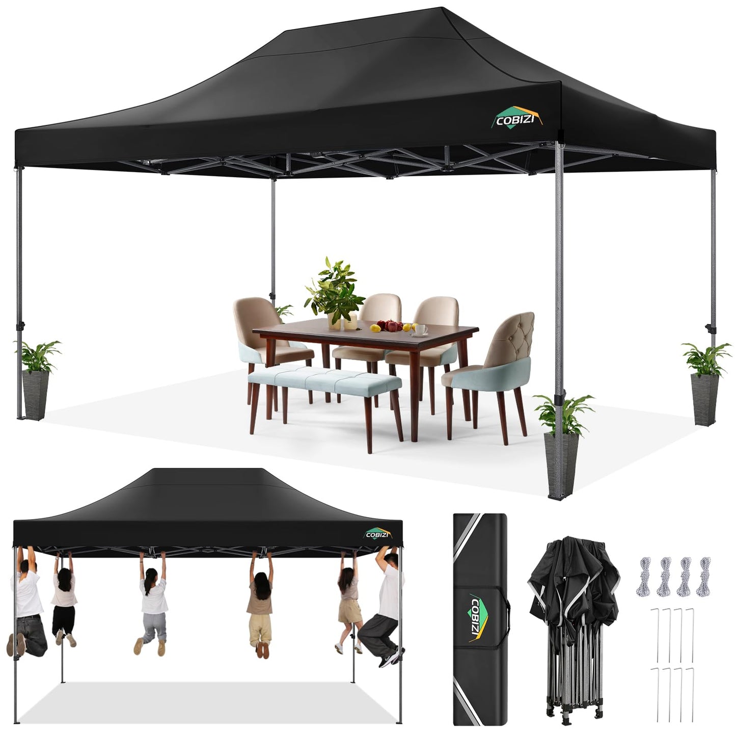 COBIZI Pavillon Faltpavillon 3x3 wasserdicht stabil Winterfest,Outdoor faltbar partyzelt，gartenpavillon mit 4 Seitenteilen und 4 Sandsack und Laufradtasche, Schwarz