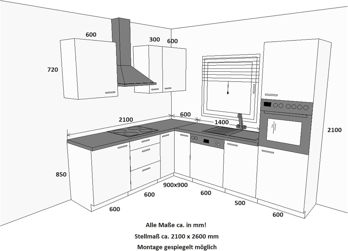 Küche Lara Grau/Weiß 210x260 cm Küchenzeile Einbauküche Eckküche Winkelküche