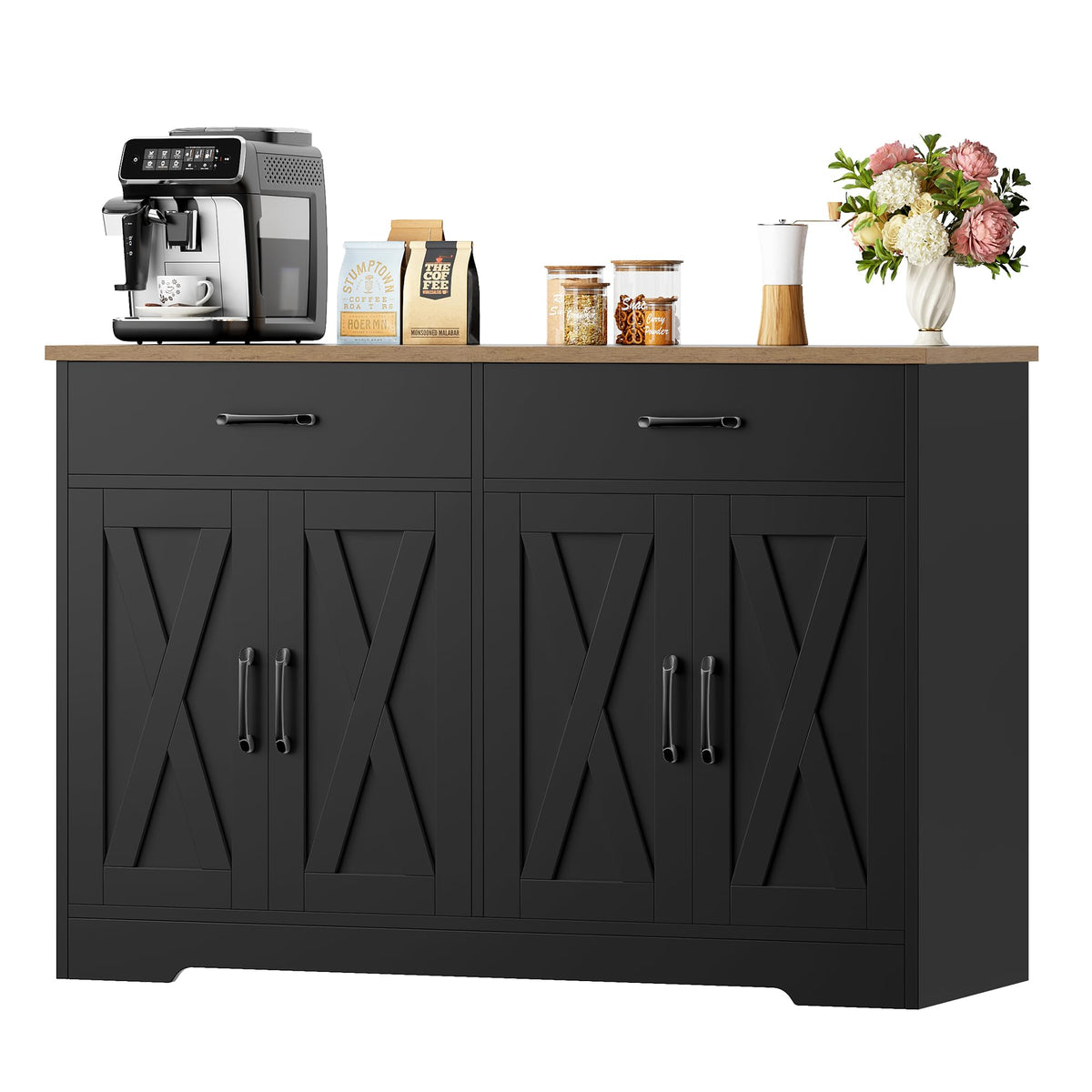 HOCSOK Sideboard, 120 cm Wide Kitchen Cabinet with Worktops, Kitchen Buffet Storage Cabinet with 2 Drawers and 4 Doors, Living Room, Kitchen, Hallway, White & Brown